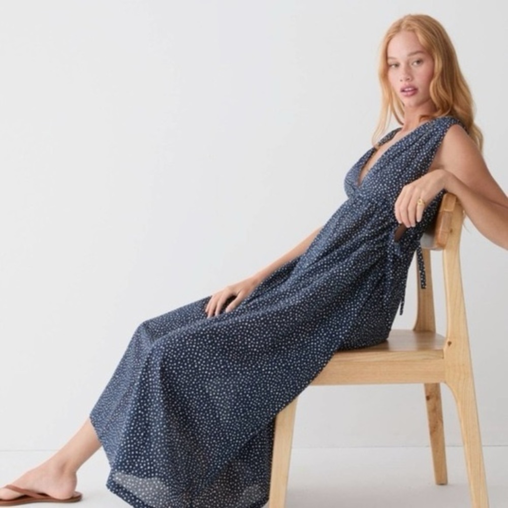 J. Crew Medium Side Tie Beach Tank Dress Polka Dot Cover Up Navy White Flowy